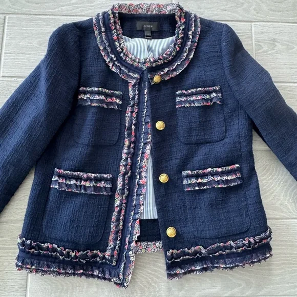 J CREW Lady Jacket Liberty London Ruffle Navy Blue Size 6 Like New - Picture 2 of 8
